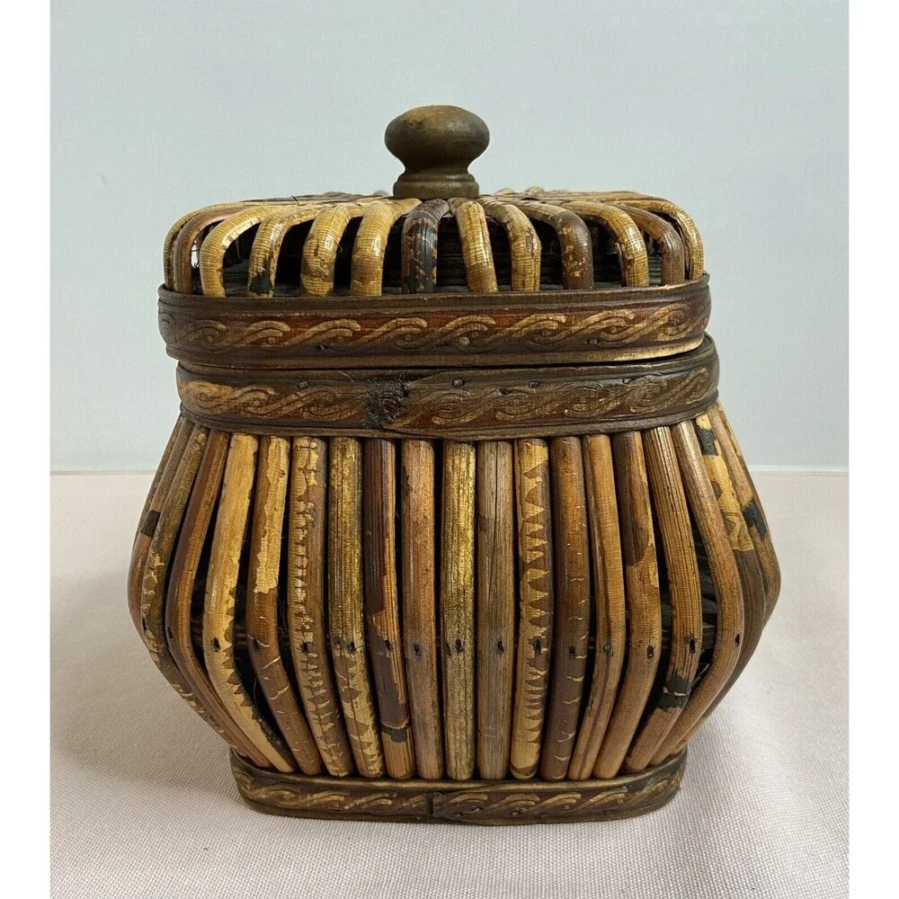 Vintage Wood Rattan Brown Tan Canister Container Intricate Design With Lid